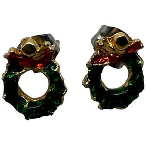 Vintage Christmas Wreath Stud Earrings Holiday Green Red Gold Mini 0.5 inch